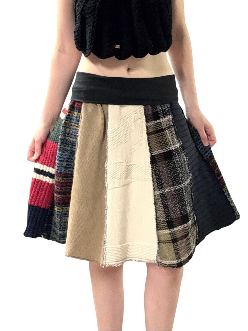 Green 3 | Foldover Waist Patchwork Panel Knit Knee Length Skirt